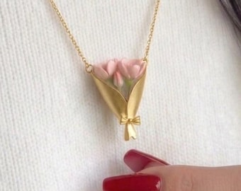 Minimalist Flower Holder Bouquet Necklace, DIY Silver Floral Pendant Necklace, Fresh Flower Jewelry, Romantic Gift for Her