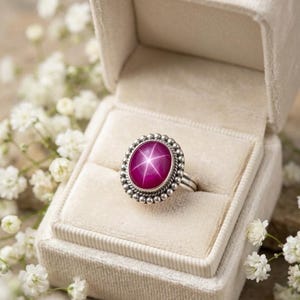 Natural Lindy Star Ruby Ring, 925 Sterling Silver Statement Ring, Star Ruby Boho Ring, Artisan Beaded Gemstone Jewelry, July Birthstone Ring