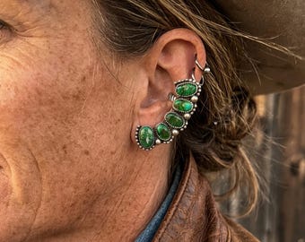 Sonoran Turquoise Ear Climber, 925 Sterling Silver Southwest Ear Crawler, Green Turquoise Crawler Earrings, Boho Statement Western Jewelry