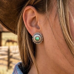 Sonoran Gold Turquoise Concho Stud Earrings, Sterling Silver Southwestern Flower Concho Studs, Green Stone Post Earrings,  Gift For Her