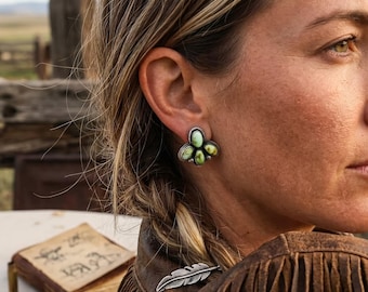 Natural Palomino Turquoise Cluster Earrings, 925 Sterling Silver Southwest Studs, Green Turquoise Post Earrings, Boho Southwestern Jewelry