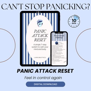 May include: A digital download advertisement for "Panic Attack Reset." The image features a tablet and smartphone displaying the program's content. The tablet shows the title and a description of the 7-step system. The smartphone displays text about panic attacks. The text reads "DIGITAL DOWNLOAD."