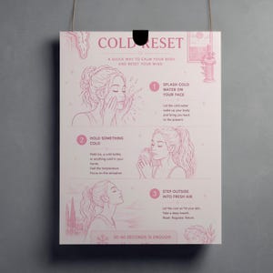 May include: A pink poster with the text "COLD RESET" and instructions for calming the body and mind. The poster features illustrations of a person splashing water, holding a cold object, and breathing fresh air. The text reads "30-60 SECONDS IS ENOUGH."