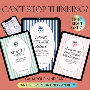 Może przedstawiać: Reklama cyfrowych poradników samopomocy na tabletach. Obraz zawiera tytuły takie jak "Stop the Spiral" i "Panic Attack Reset". Tekst "Can't Stop Thinking?" znajduje się na górze, ze słowami kluczowymi takimi jak "Panic, Overthinking, Anxiety" na dole.
