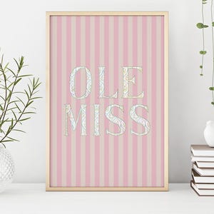 May include: A framed print with the words "OLE MISS" in a decorative font, set against a pink and beige striped background. The frame is gold-toned. A vase with greenery and a stack of books with a small bird figurine are in the foreground.