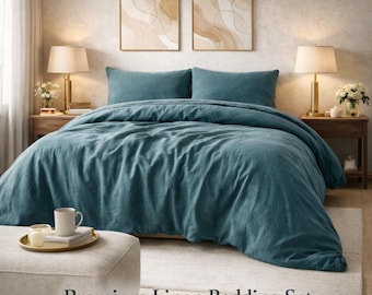 Blauwgroen linnen beddengoedset, katoenen dekbedovertrek, zachte ademende lakens, minimalistische slaapkamerinrichting, luxe, gezellig beddengoed, queen king size