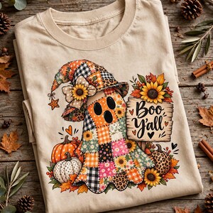 Peut inclure: Un t-shirt beige avec un motif de fantôme portant un chapeau de sorcière en patchwork. Le fantôme est entouré de tournesols, de citrouilles et d'un panneau en bois portant l'inscription "Boo Y'all". Le design inclut des motifs à carreaux.