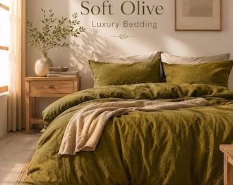 Olive Green Washed cotton,and linen  Duvet Cover Set, Cozy Minimalist Bedding, Luxury Soft Comforter Cover for Queen King Bed