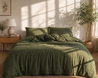 Linen Duvet Cover Set, Soft Washed Bedding, Cotton Duvet Cover, Olive Green Bedding, Minimalist Bed Set, Queen King Twin Size