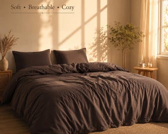 Dark Brown Cotton Duvet Cover Set, Soft Washed Bedding, Cozy Minimalist Comforter Cover, Luxury Hotel Style Bedroom Decor