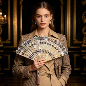 May include: A hand fan featuring an intricate arrangement of iridescent mother-of-pearl segments and inlaid shell accents. The fan displays a semi-circular structure with a light-colored frame and a delicate, matching tassel hanging from the base handle.
