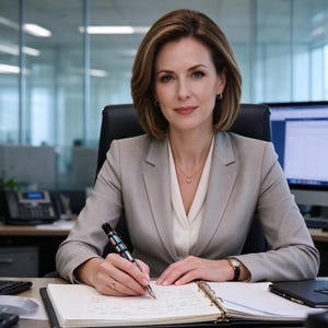 May include: A person with shoulder-length brown hair wearing a light gray blazer over a white blouse, sitting at a desk. They are writing in an open binder with a black and blue patterned fountain pen. A gold necklace, small hoop earrings, and a watch are visible.