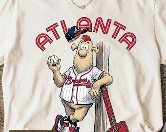 Atlanta honkbalfanart cartoon png, grappige honkballiefhebber shirtontwerp, retro honkbalafbeelding, jeugd honkbalfan fan, wedstrijddag png, Braves