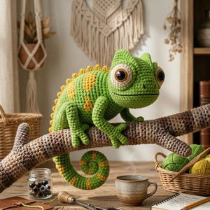Könnte beinhalten: Ein gehäkeltes Chamäleon in Grün und Gelb sitzt auf einem braunen Ast. Das Reptil hat große Augen. Die Szene umfasst Wolle, ein Notizbuch, eine Schere und eine Tasse Kaffee, was auf ein Bastelthema hindeutet. Der Ast ist etwa 30 cm lang.
