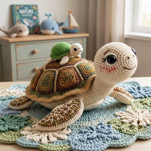 Può includere: Una grande tartaruga all'uncinetto con una tartaruga più piccola in groppa. Le tartarughe sono beige, marroni, verdi e bianche, con facce sorridenti e grandi occhi neri. Riposano su una coperta all'uncinetto blu, verde e beige.