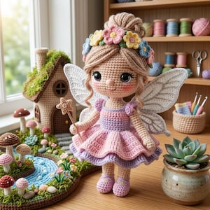 Puede incluir: Una muñeca de hadas de ganchillo hecha a mano con un vestido rosa y morado, una corona de flores y una varita de estrella. La muñeca está junto a un jardín de hadas de ganchillo en miniatura con setas y una casa. También se ve una suculenta en una maceta de cerámica.