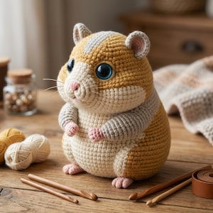 Puede incluir: Un juguete de hámster tejido a mano en tonos beige, crema y gris, con grandes ojos azules y detalles rosas. El peluche está sobre una superficie de madera con hilo, ganchillos y otros suministros de manualidades, lo que sugiere un tema artesanal.