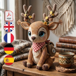 May include: A handmade crochet deer with large blue eyes, wearing a red and white checkered bandana and a small backpack. The deer has brown antlers adorned with yellow flowers. It is sitting on a wooden surface.
