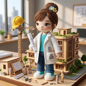 Amigurumi Architect Pattern, Female Engineer Design, Blueprint Doll with Hard Hat PDF