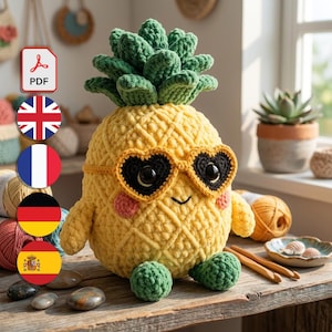 Wzór na ananasa amigurumi, wzór na okulary przeciwsłoneczne w kształcie serca, szydełkowa zabawka owocowa, PDF