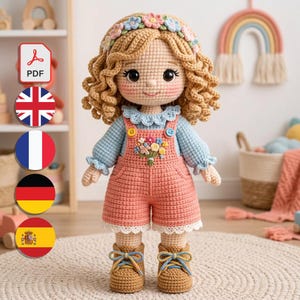 Amigurumi Doll Pattern, Flower Crown Design, Crochet Overalls Girl, PDF