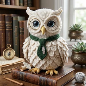 Könnte beinhalten: Eine handgefertigte, cremefarbene Häkel-Eule mit großen blauen Augen, einem gelben Schnabel und einer grünen Krawatte. Die Eule trägt ein Monokel und sitzt auf einem alten Buch. Ein Kompass und andere Bücher sind im Hintergrund.