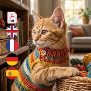 May include: An orange tabby cat wearing a colorful striped sweater with a wooden button. The cat is near a basket of yarn and a bookshelf. The image includes a PDF icon and flags for the UK, France, Germany, and Spain.