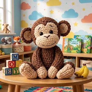Può includere: Una grande scimmia all'uncinetto fatta a mano con filato marrone e beige è seduta su un tavolo di legno. La scimmia ha una faccia sorridente ed è circondata da giocattoli per bambini, tra cui blocchi alfabetici e un paio di banane all'uncinetto. Lo sfondo presenta un colorato murale a tema giungla.