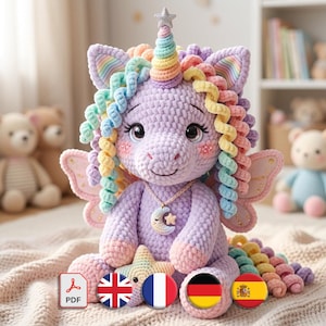 Patrón de unicornio amigurumi, diseño de melena arcoíris, criatura fantástica alada, PDF de magia pastel