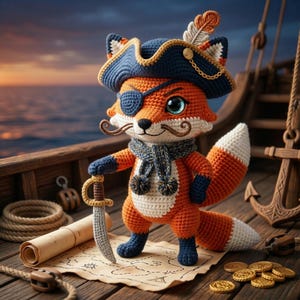 Può includere: Una volpe pirata all'uncinetto con corpo arancione, dettagli blu e bianchi e un cappello da pirata. La volpe indossa una benda sull'occhio, una sciarpa e tiene una spada. Una mappa del tesoro e monete d'oro sono sul ponte di legno di una nave.