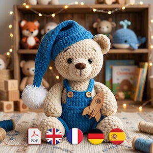 Amigurumi Bear Pattern, Chenille Teddy Design, Blue Nightcap Outfit, Nursery Toy PDF