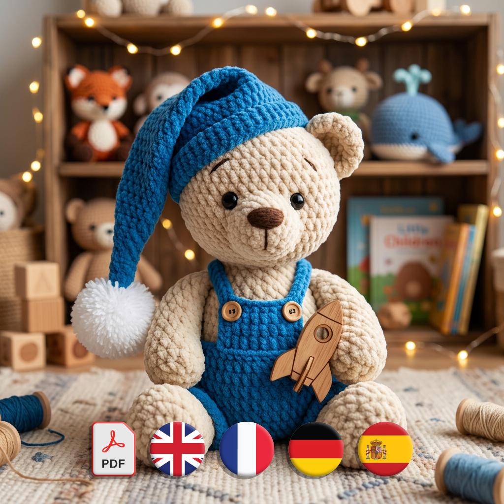 Amigurumi Bear Pattern, Chenille Teddy Design, Blue Nightcap Outfit, Nursery Toy PDF