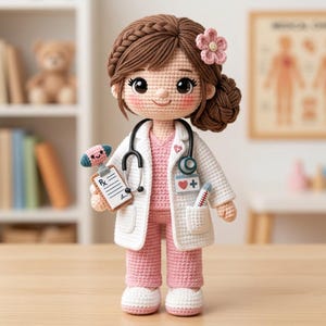 Peut inclure: Poupée au crochet représentant un médecin, vêtue d'une blouse blanche sur une tenue rose. La poupée a des cheveux bruns en tresse et chignon, un stéthoscope et un presse-papiers. Une fleur rose orne les cheveux. La poupée tient un petit jouet.