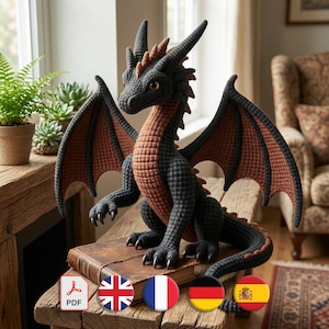 Patrón de dragón amigurumi, criatura fantástica negra, bestia mítica alada, PDF intermedio