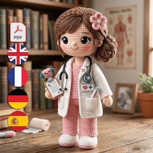 Patrón de amigurumi de doctora, muñeca médica, juguete médico de ganchillo en formato PDF