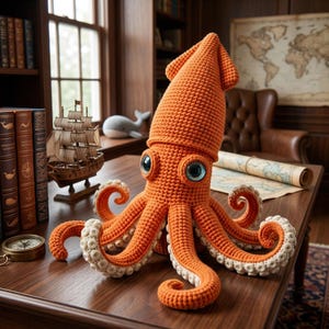 May include: A large, orange crocheted squid with big blue eyes and cream-colored accents on its tentacles. The handmade plush toy is sitting on a wooden desk, with a nautical theme.
