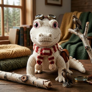 Amigurumi Crocodile Pattern, Albino White Design, Goggles Scarf Set, Intermediate PDF