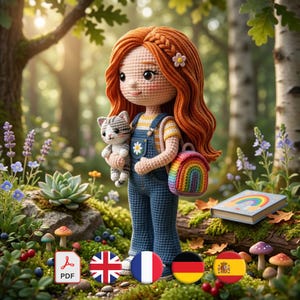 Amigurumi Doll Pattern, Red Hair Girl Design, Crochet Cat Companion, PDF