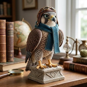 May include: A handcrafted, crochet falcon figurine wearing a brown aviator helmet and a teal scarf. The bird is perched on a decorative stone base. The background includes antique books, a globe, and a magnifying glass, suggesting a vintage or scholarly theme.
