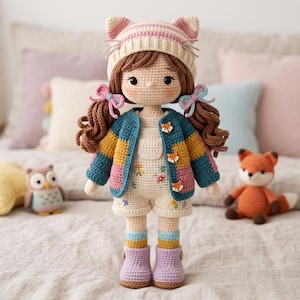 Può includere: Una bambola all'uncinetto fatta a mano con capelli ricci castani, che indossa un cappello con orecchie da gatto, una giacca a righe con bottoni a forma di volpe e pantaloncini. La bambola ha fiocchi rosa ed è circondata da altri animali all'uncinetto.