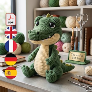 Padrão de Crocodilo Amigurumi, Animal da Selva em Crochê, Desenho de Crocodilo Verde, PDF de Nível Intermediário