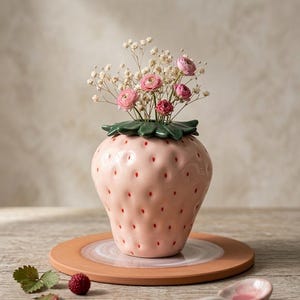 Op de afbeelding: Een roze keramische aardbeivormige vaas met rode spikkels, met een boeket roze en witte bloemen. De vaas staat op een ronde, terracotta-kleurige plaat. De vaas heeft een groene, bladvormige bovenkant.