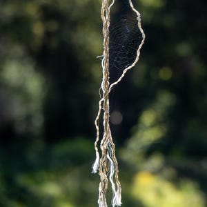Puede incluir: Primer plano de una delicada telaraña suspendida de un hilo fino y texturizado. La telaraña está intrincadamente tejida, con un diseño circular. El hilo es de color marrón claro, con extremos deshilachados. El fondo es verde borroso.