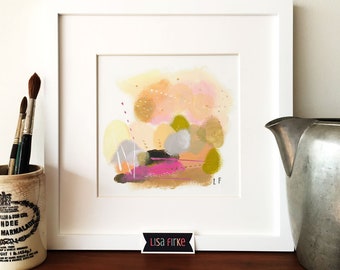 Gold and pink abstract landscape art print (tiny size)