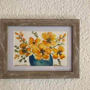 Aquarel bloemen in pot, landschap, origineel met lijst, A6-formaat