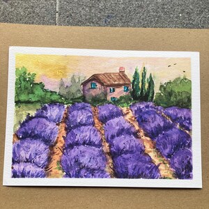 Aquarell Kunstdruck Lavendelfeld mit Haus A5 handmade art print Provence lavendel Mittelmeer