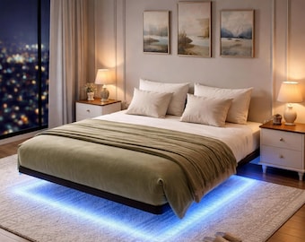 Floating Platform Bed Frame, Smart LED Lights, Modern Metal, Noise-Free, Heavy-Duty