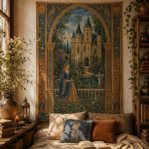 May include: A rectangular wall tapestry featuring a detailed scene of a stone castle with towers, a fountain, and a person in a blue and gold gown sitting on a balcony. The border is decorated with blue and gold floral patterns and architectural columns.