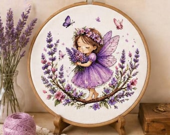 Lavender Fairy Cross Stitch Pattern, Whimsical Floral Embroidery Design (PDF Download)