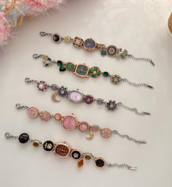 Vintage Charm Watch Bracelet,Y2K Colorful Quartz Watch Bracelet,Handmade Flower Gemstone Moon Charm Bracelet,Dainty Retro Bracelet forWomen